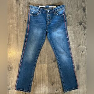 Pilcro and the Letterpress Slim Blue Jeans with Red/orange Side Stripe